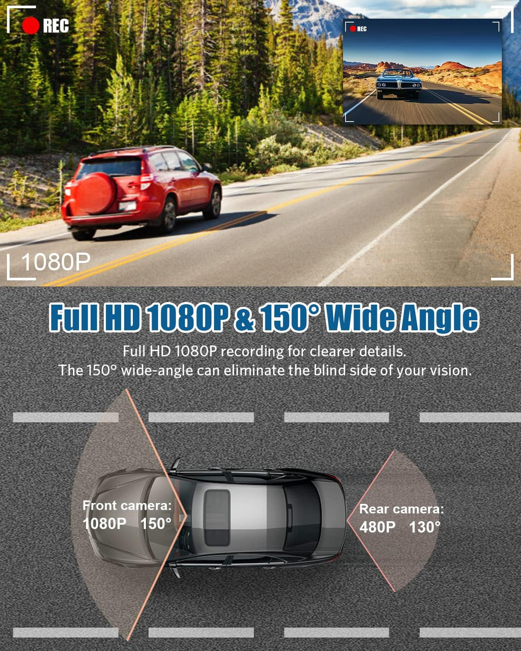 Dash Cam 1080P Full HD Built-in WiFi 3 Inch IPS Screen 150° Wide Angle Night Vision WDR Loop Recording G-Sensor Pack of 2 N716