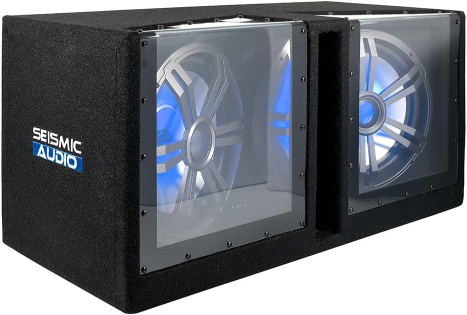 Dual 12 Inch Vented 1200 Watt Car Audio Subwoofer with LED Lights Enclosure Package with Amplifier & Cables P394