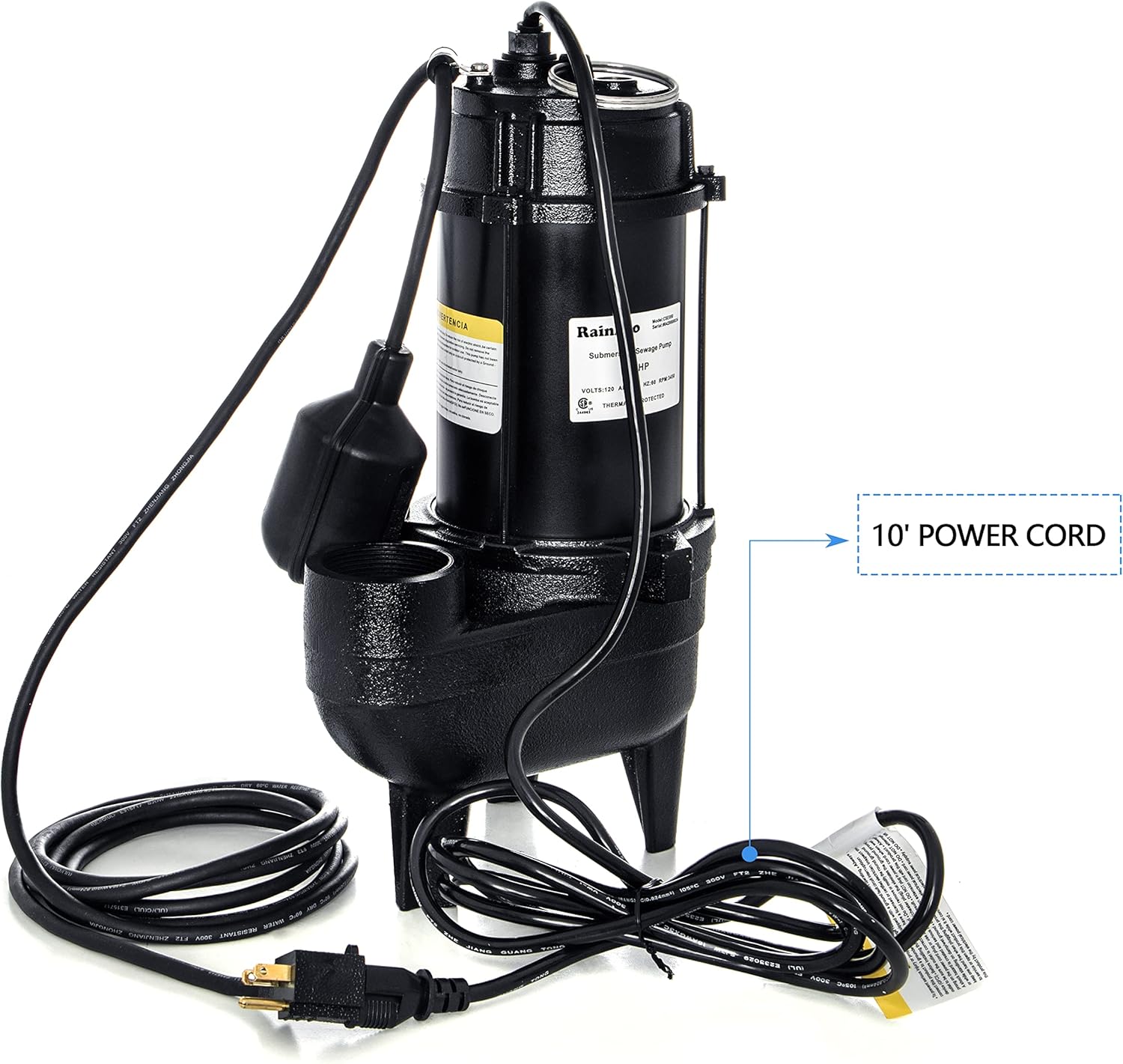 Cast iron submersible sewage pump with 10 ft. piggy back tether float switch N914884