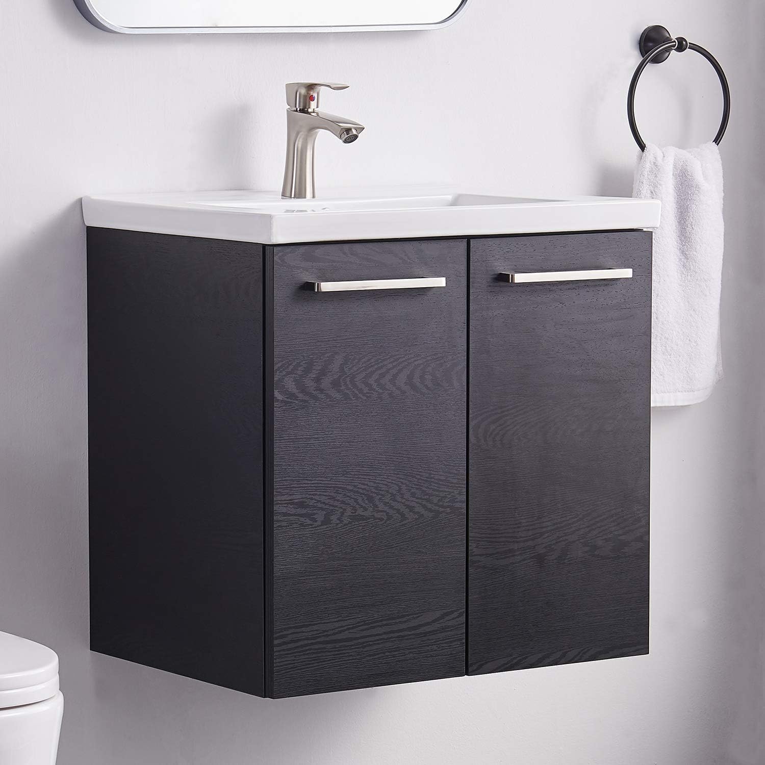 Grey Wood Grain 2-Door Bathroom Vanity with White Ceramic Sink I824559