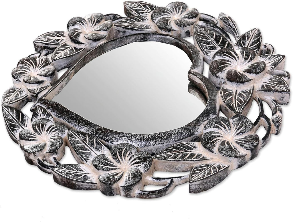 Hand Carved Natural Suar Wood Heart Shaped Floral Wall Mirror J32914