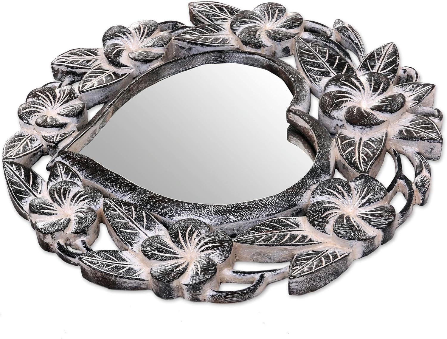 Hand Carved Natural Suar Wood Heart Shaped Floral Wall Mirror J32914
