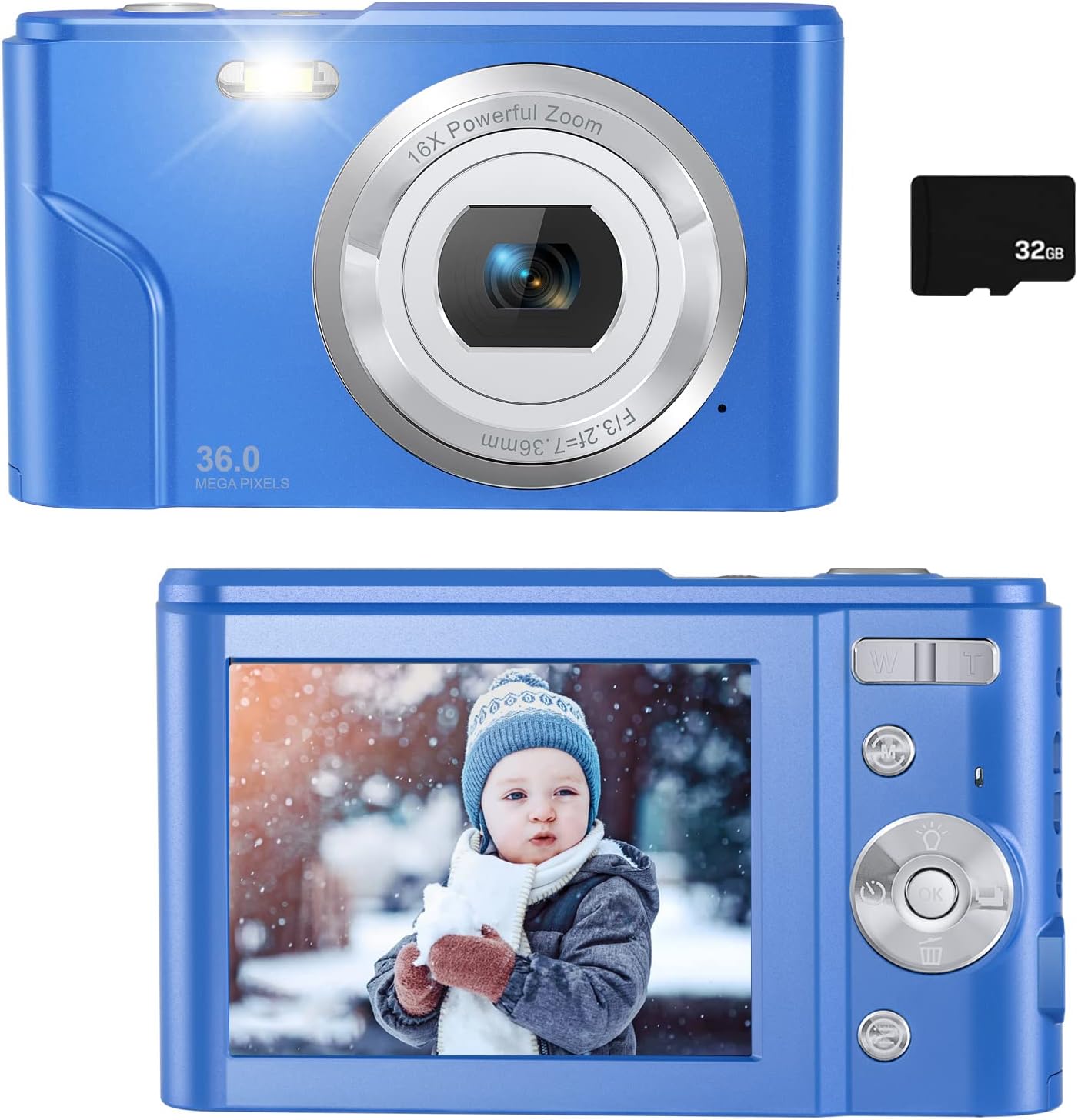 36MP Children's Camera with 32GB SD Card, Full HD 1080P Rechargeable Mini Camera (Light Blue) Y413