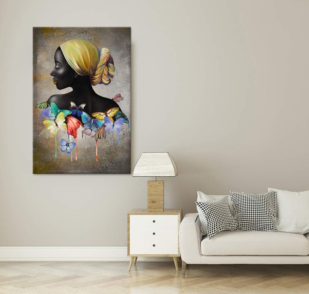 Large African American Wall Art Abstract Beauty Black Woman with Yellow Headband Butterfly Portrait Painting on Canvas 24x36inch G811828
