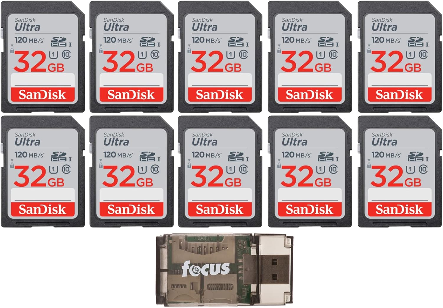 32GB 120MB/s Ultra UHS-I SDXC Memory Card 10-Pack with Card Reader Bundle W53289