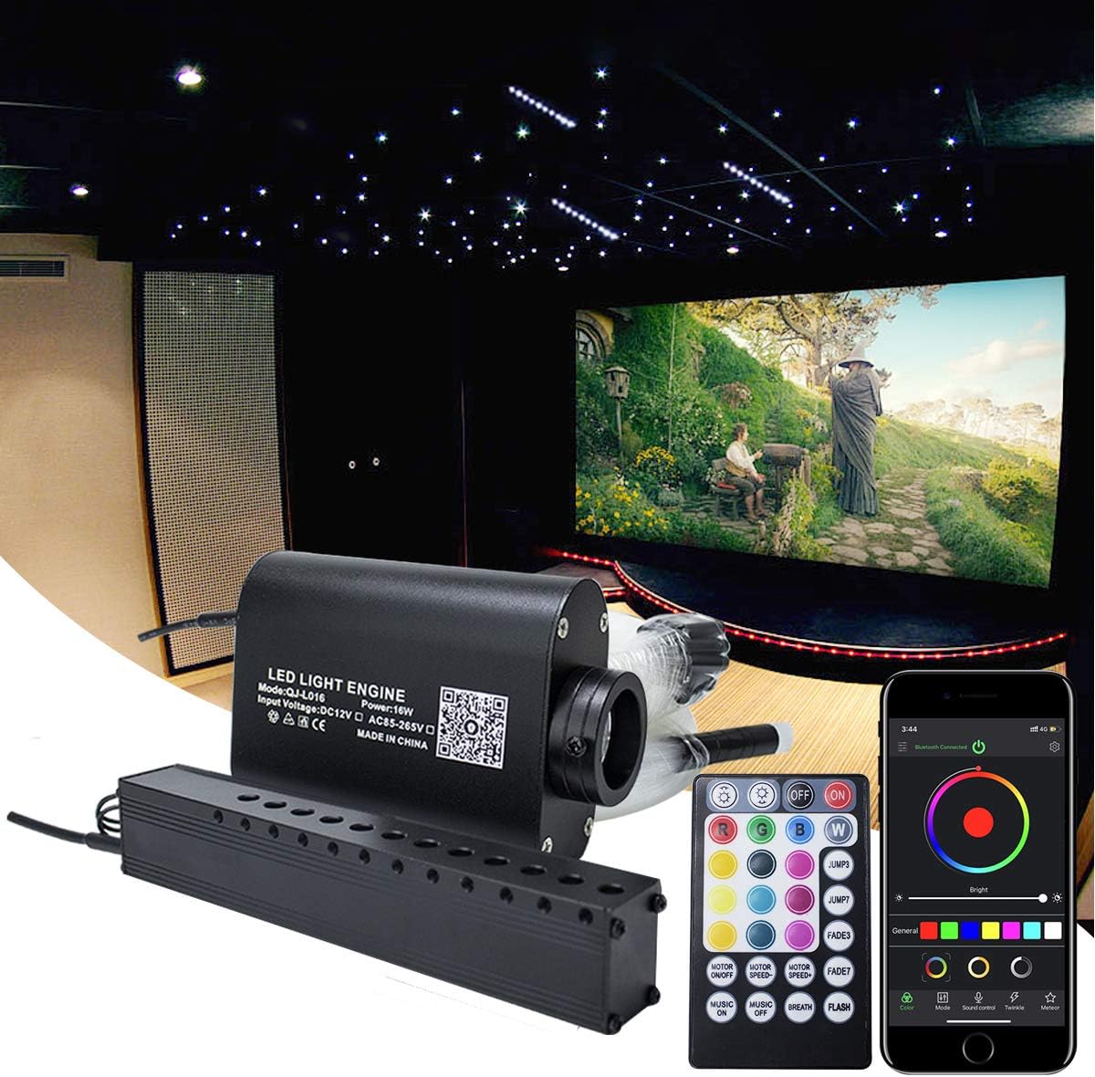 16W Fiber Optic Lights Starlight Headliner Light Kit with Remote Control, 150pcs 6.5ft Optical Fiber Cable Strands A677