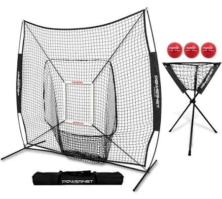 6 Piece Baseball Softball Practice Net Bundle with Strike Zone, Ball Caddy, 3 Weighted Training Balls S446