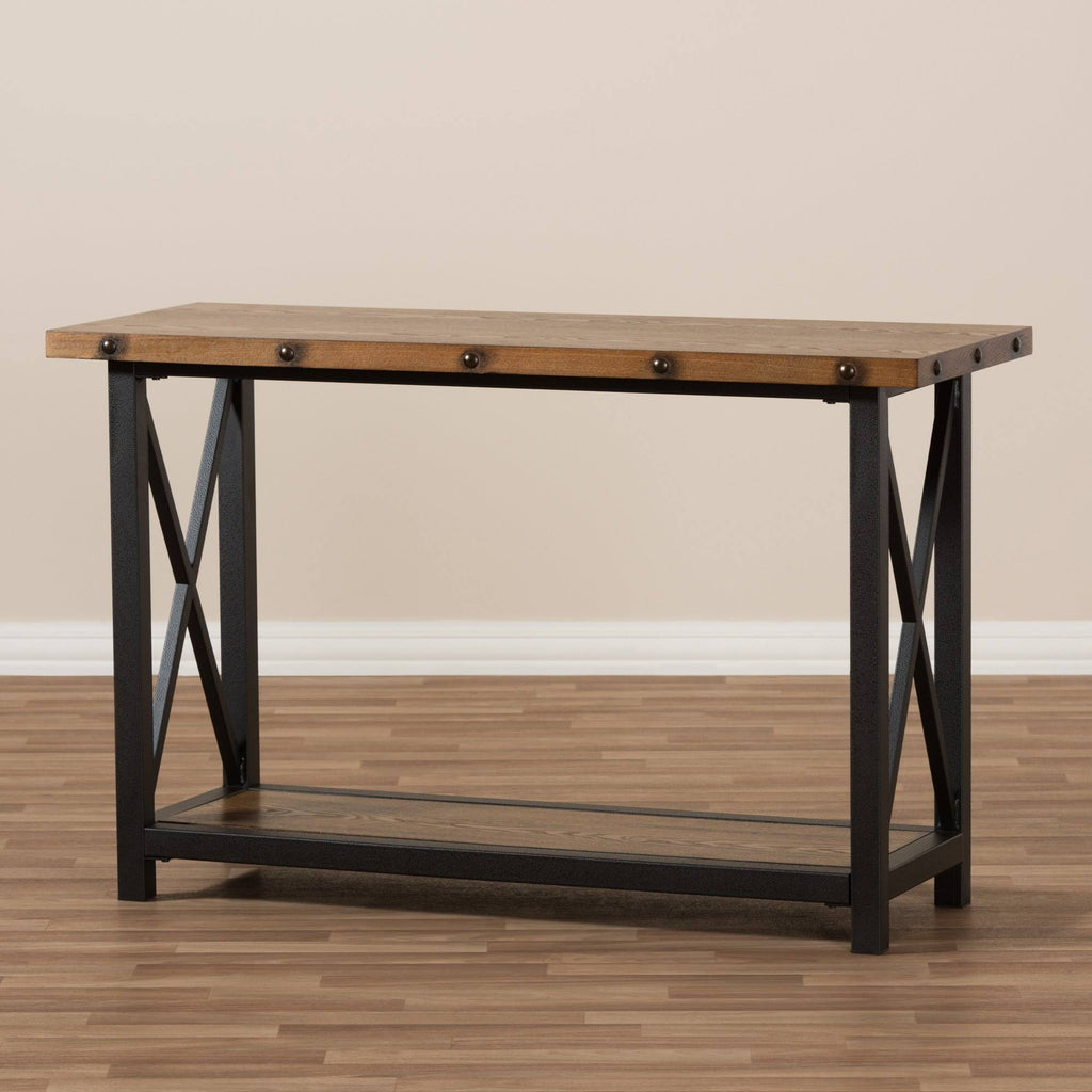 Antique Black Textured Metal Distressed Wood Console Table I556