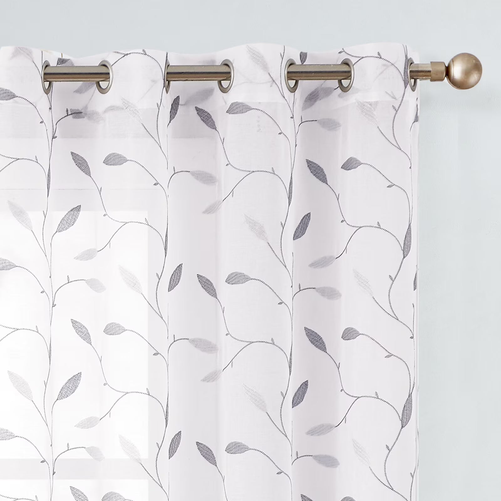 Grey Sheer Embroidered Leaf Curtains 63 inches Grommet Top 2 Panels D7425