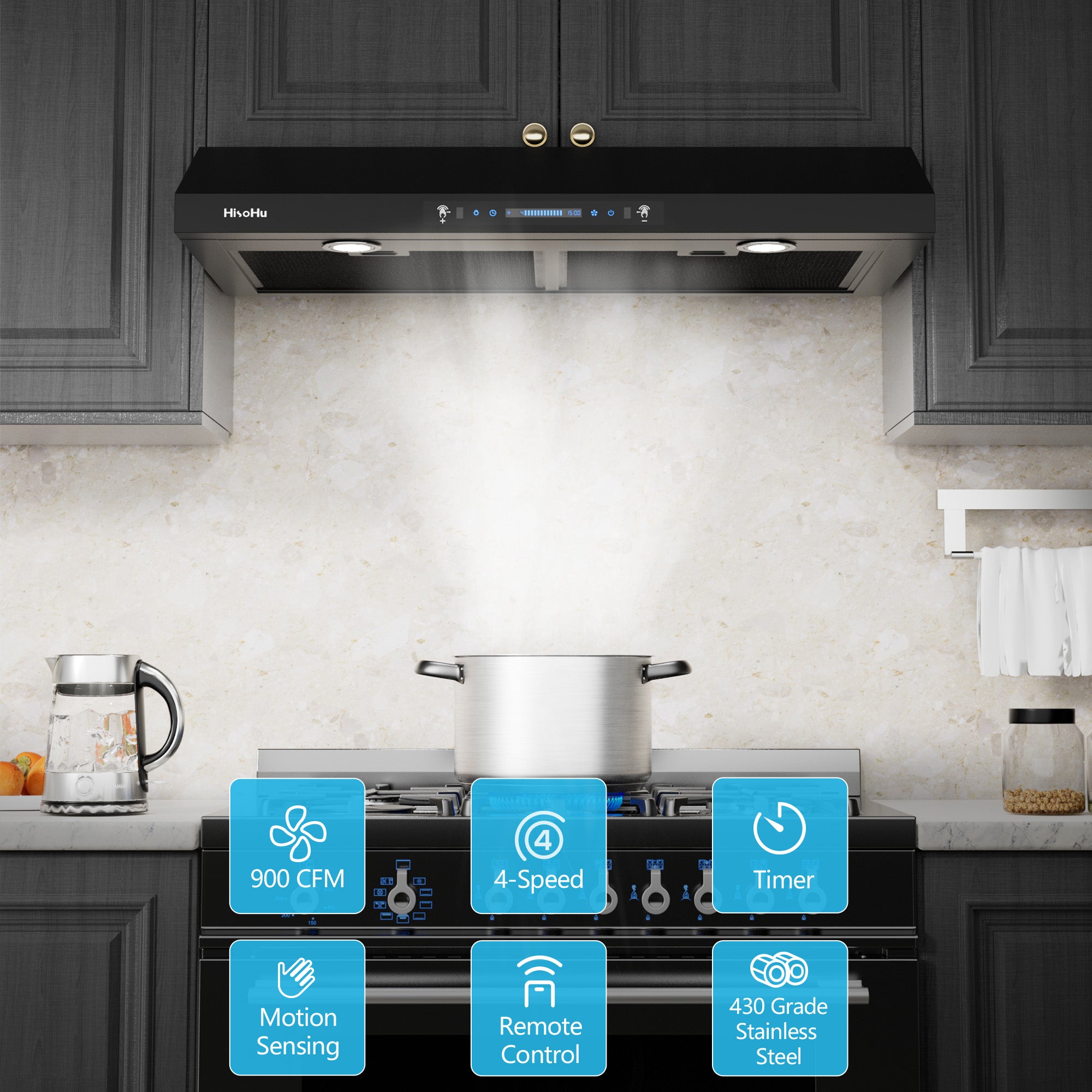Black Teflon Stainless Steel Under Cabinet Range Hood D842
