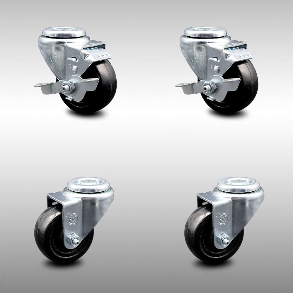 Swivel Bolt Hole Caster with Black Wheel and Top Locking Brake, Pack of 2 D33172