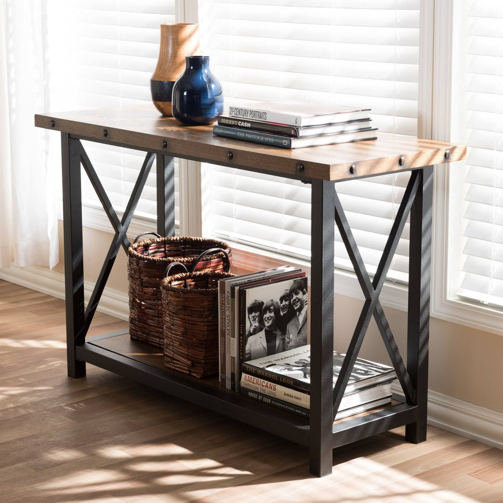 Antique Black Textured Metal Distressed Wood Console Table I556