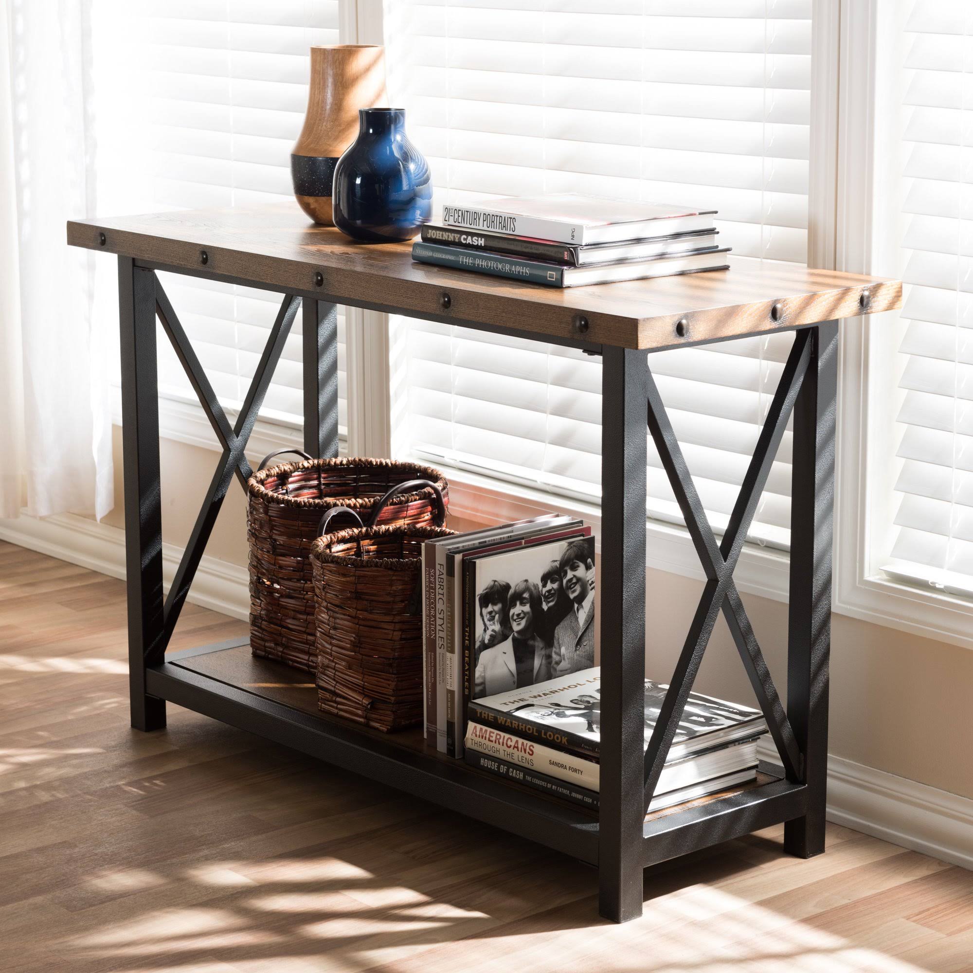 Antique Black Textured Metal Distressed Wood Console Table I556
