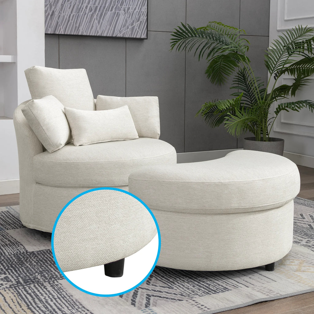 Beige Linen Fabric Swivel Accent Barrel Sofa Chair with Half Moon Storage Ottoman and 3 Pillows B601975