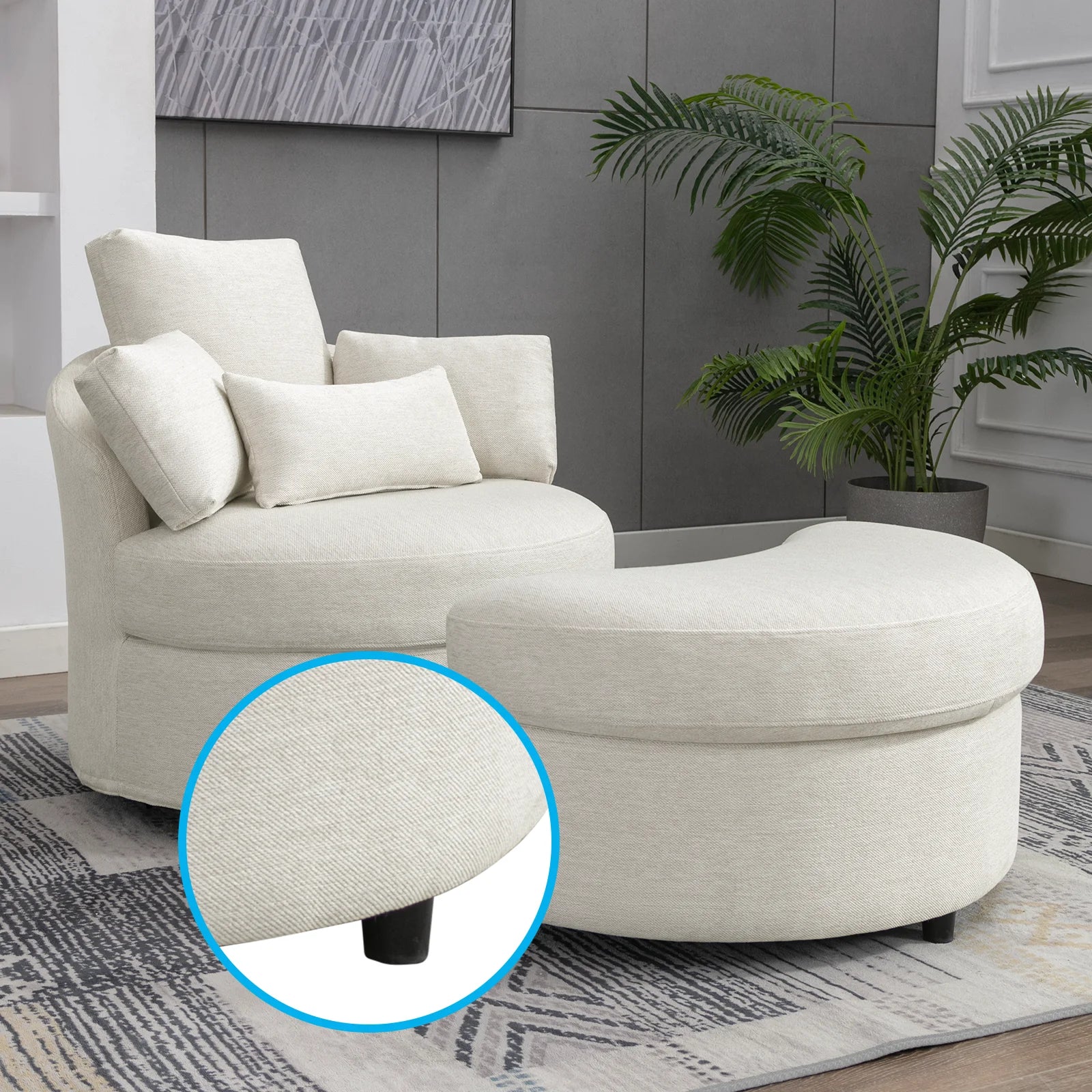 Beige Linen Fabric Swivel Accent Barrel Sofa Chair with Half Moon Storage Ottoman and 3 Pillows B601975