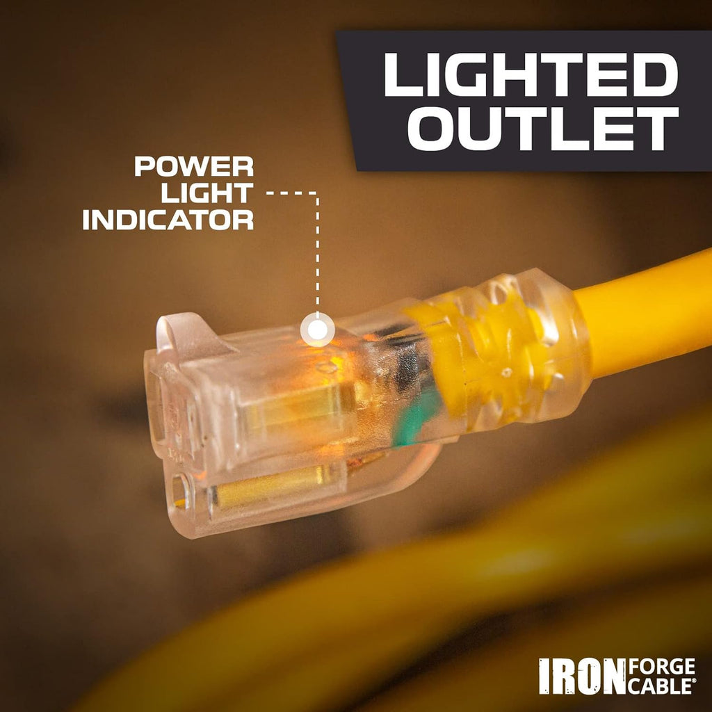 6 Foot Lighted Outdoor Extension Cord, 12/3 SJTW Heavy Duty Yellow Extension Cable with 3 Prong Grounded Plug K87393