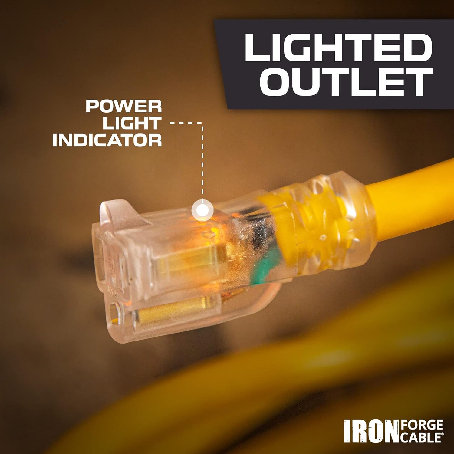 6 Foot Lighted Outdoor Extension Cord, 12/3 SJTW Heavy Duty Yellow Extension Cable with 3 Prong Grounded Plug K87393