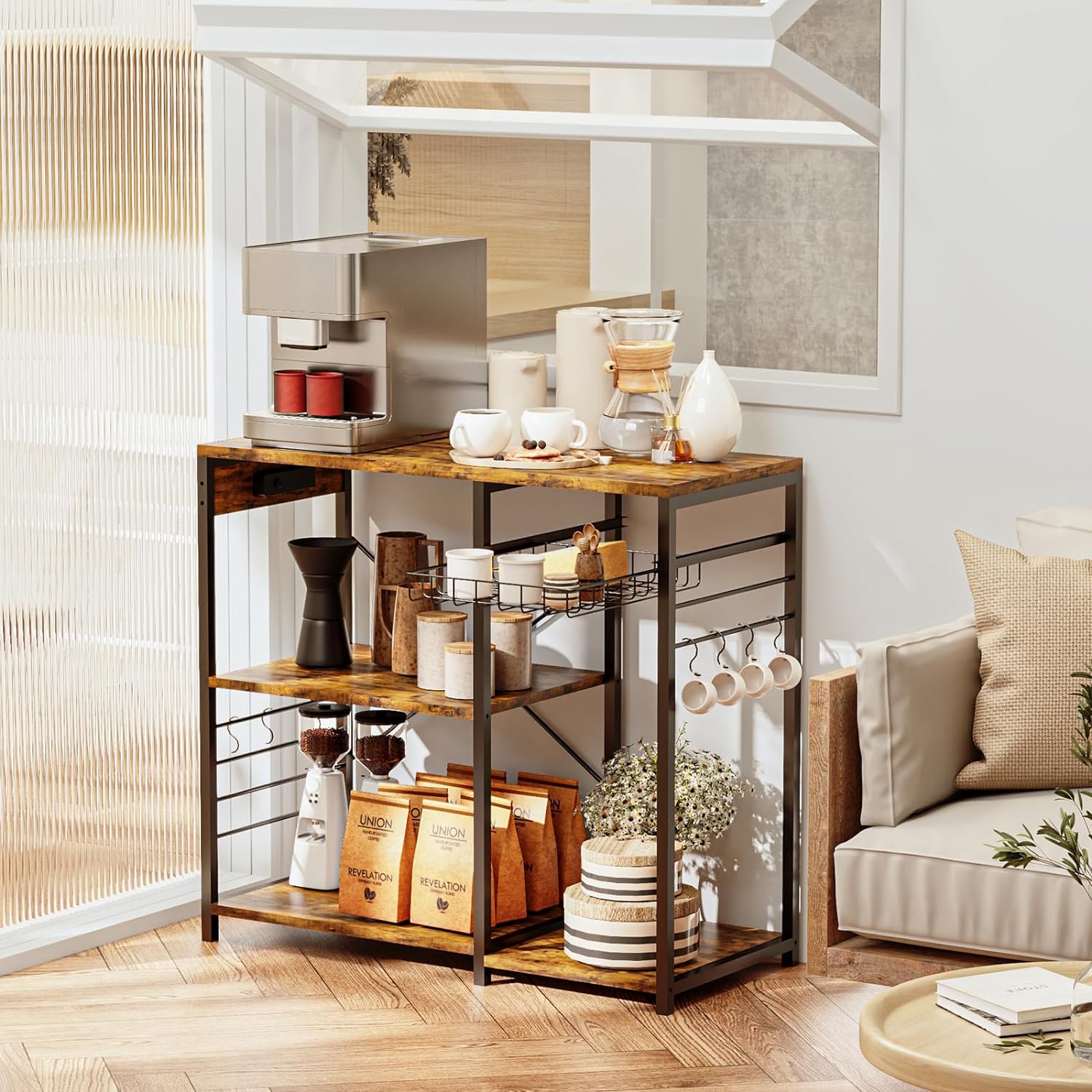 Rustic Brown Bakers Rack with Power Outlet, 5 Shelves Microwave Stand, Pull-Out Basket, 6 Hooks Q5263