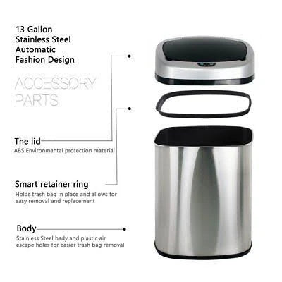 13.2-gallon Stainless Steel Touch Free Sensor Trash Can W645