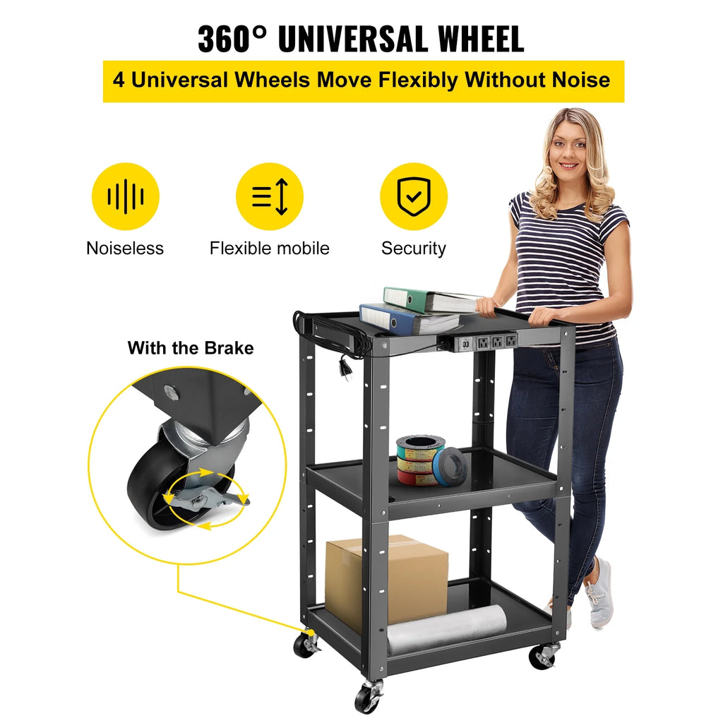 3-Shelf Steel AV Cart with Electric Power Cord U106