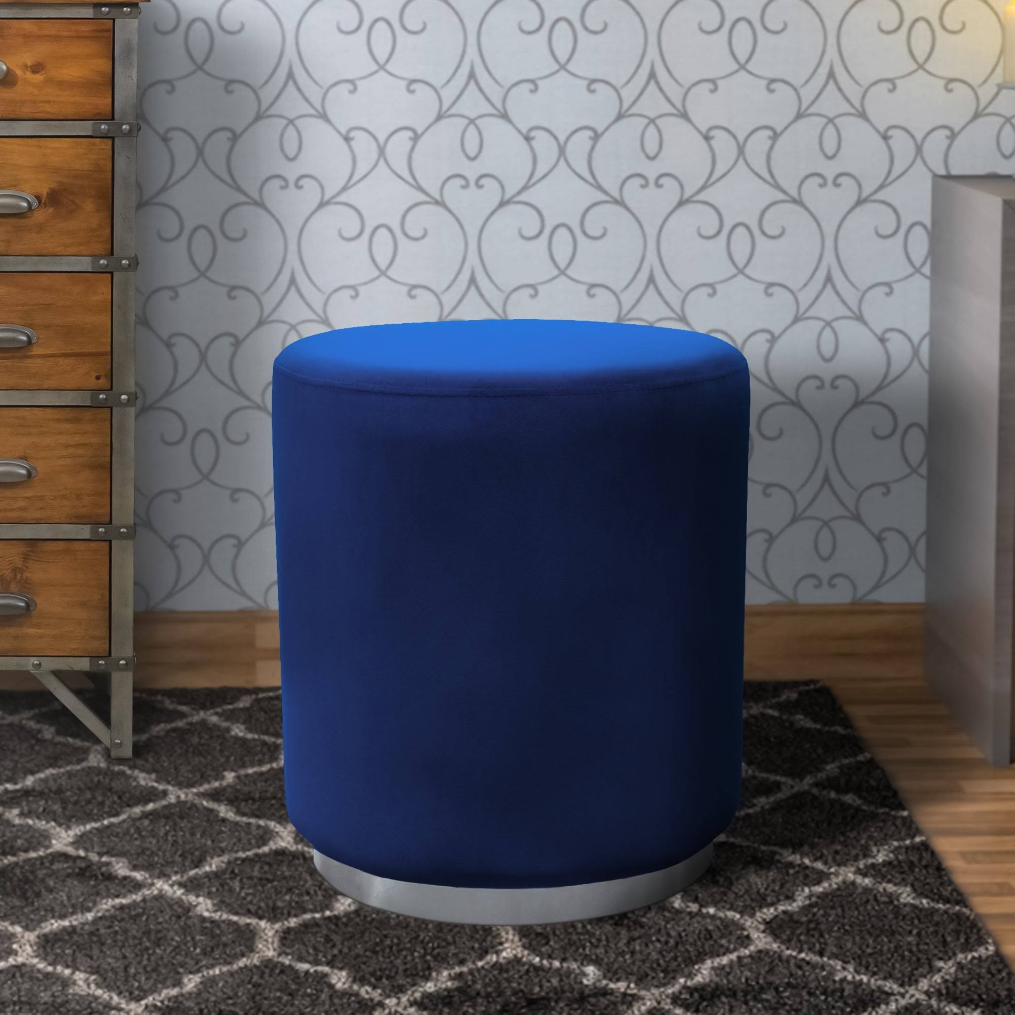 Blue Velvet Round Accent Ottoman with Metal Base T4300