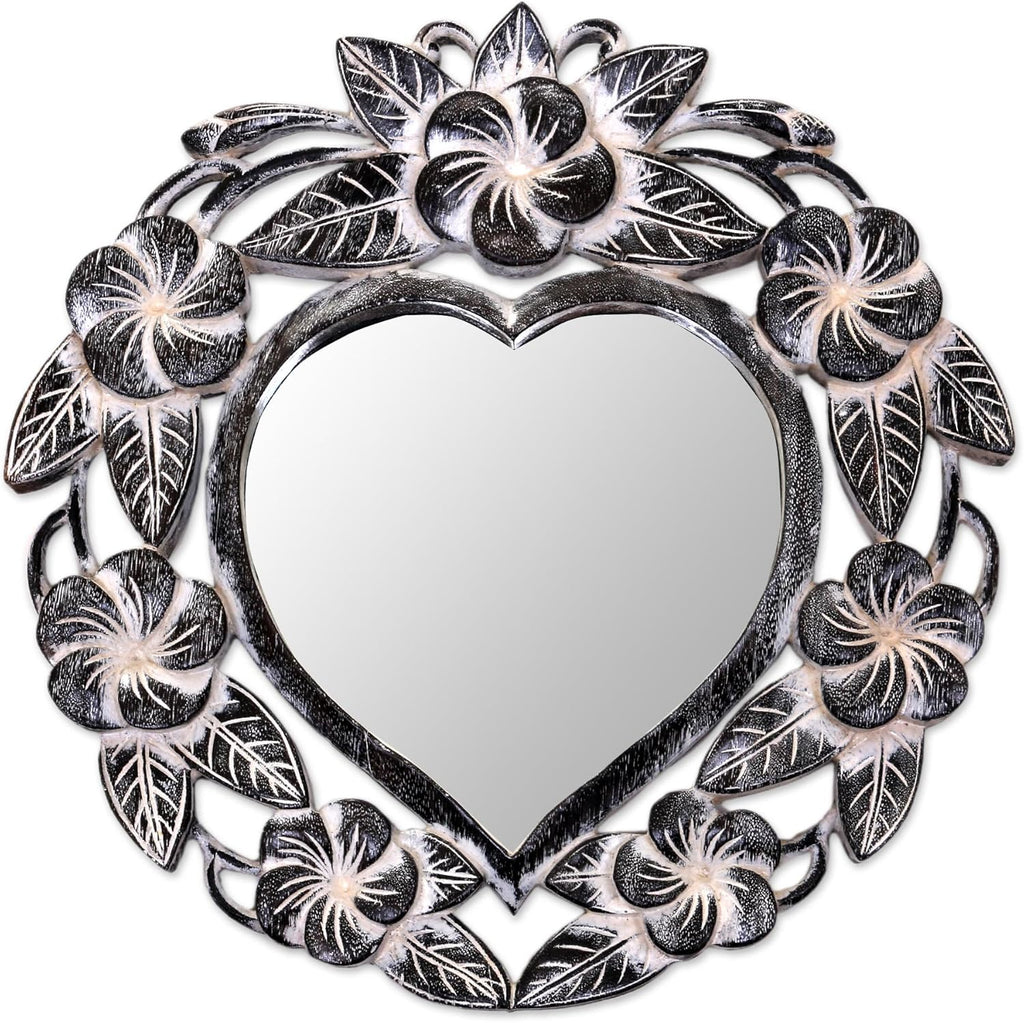 Hand Carved Natural Suar Wood Heart Shaped Floral Wall Mirror J32914