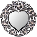 Hand Carved Natural Suar Wood Heart Shaped Floral Wall Mirror J32914