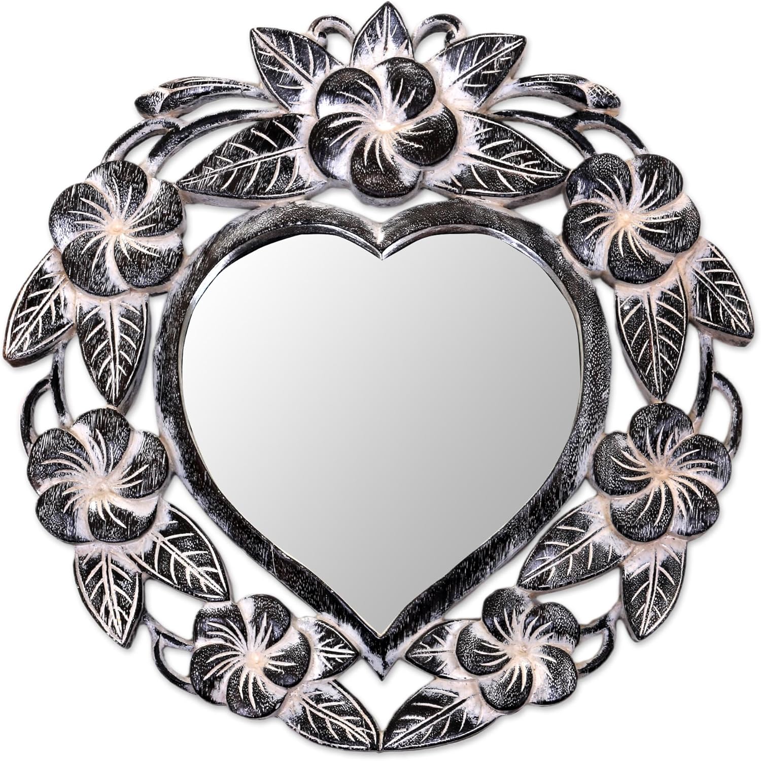 Hand Carved Natural Suar Wood Heart Shaped Floral Wall Mirror J32914