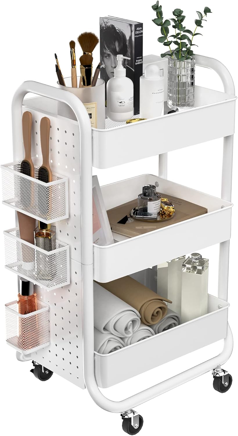 White 3-Tier Metal Rolling Utility Cart with Handle G5445