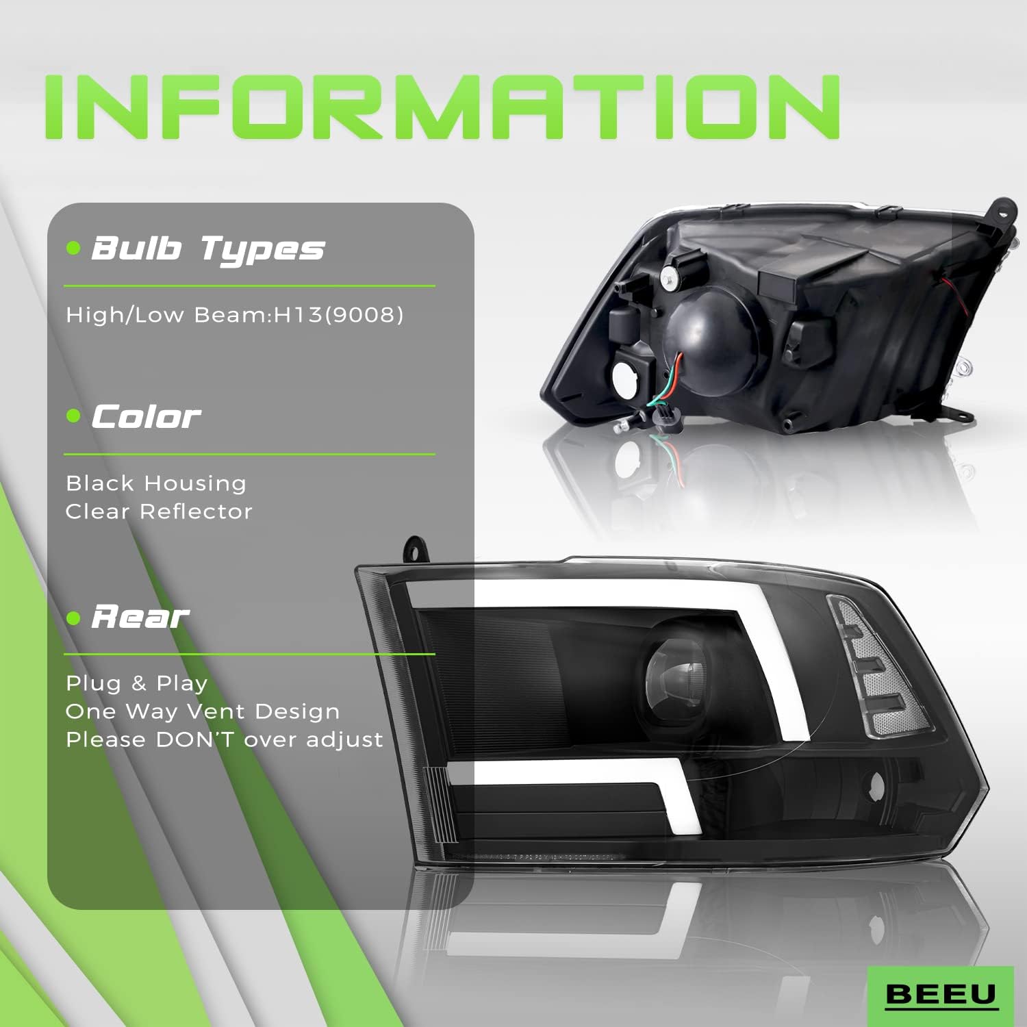 Black Housing Headlight Assembly for Dodge Ram Pickup V73193