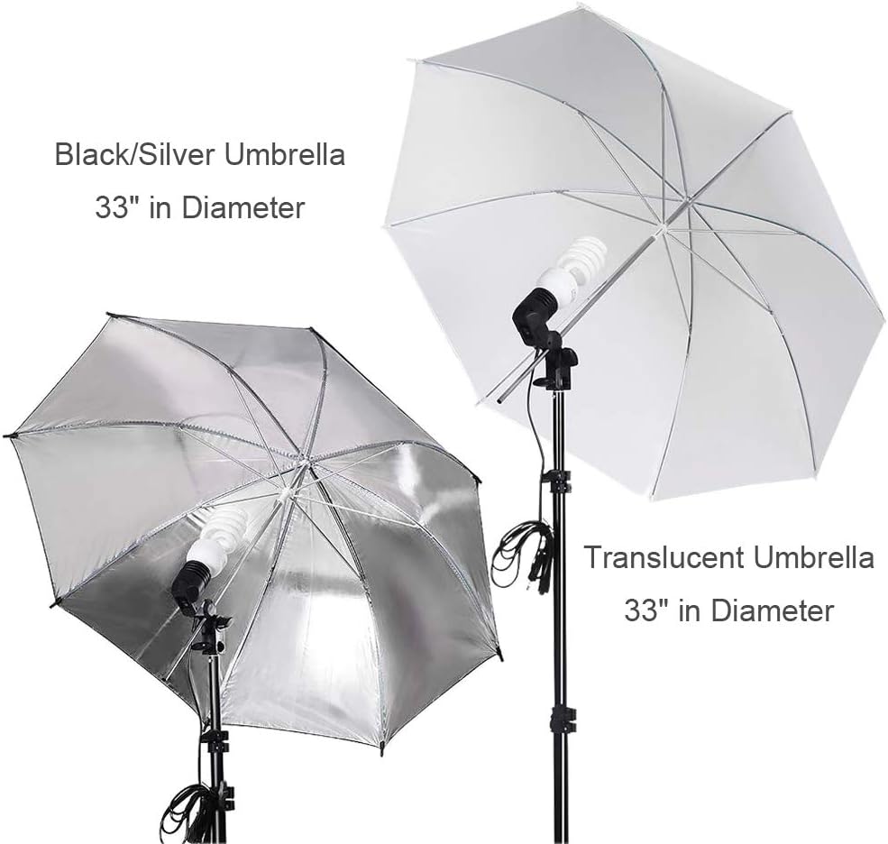 33 Umbrella Studio Lighting Kit with 2 White Umbrellas, 2 Black-Silver Reflectors, 2 Light Stands, Carry Bag D350368