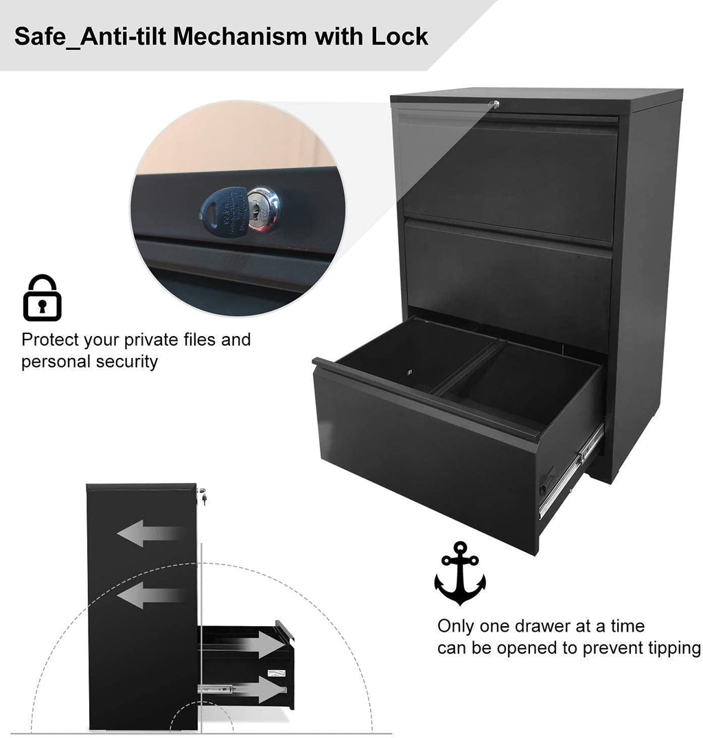 Black 3 Drawer Metal Lateral File Cabinet S744108