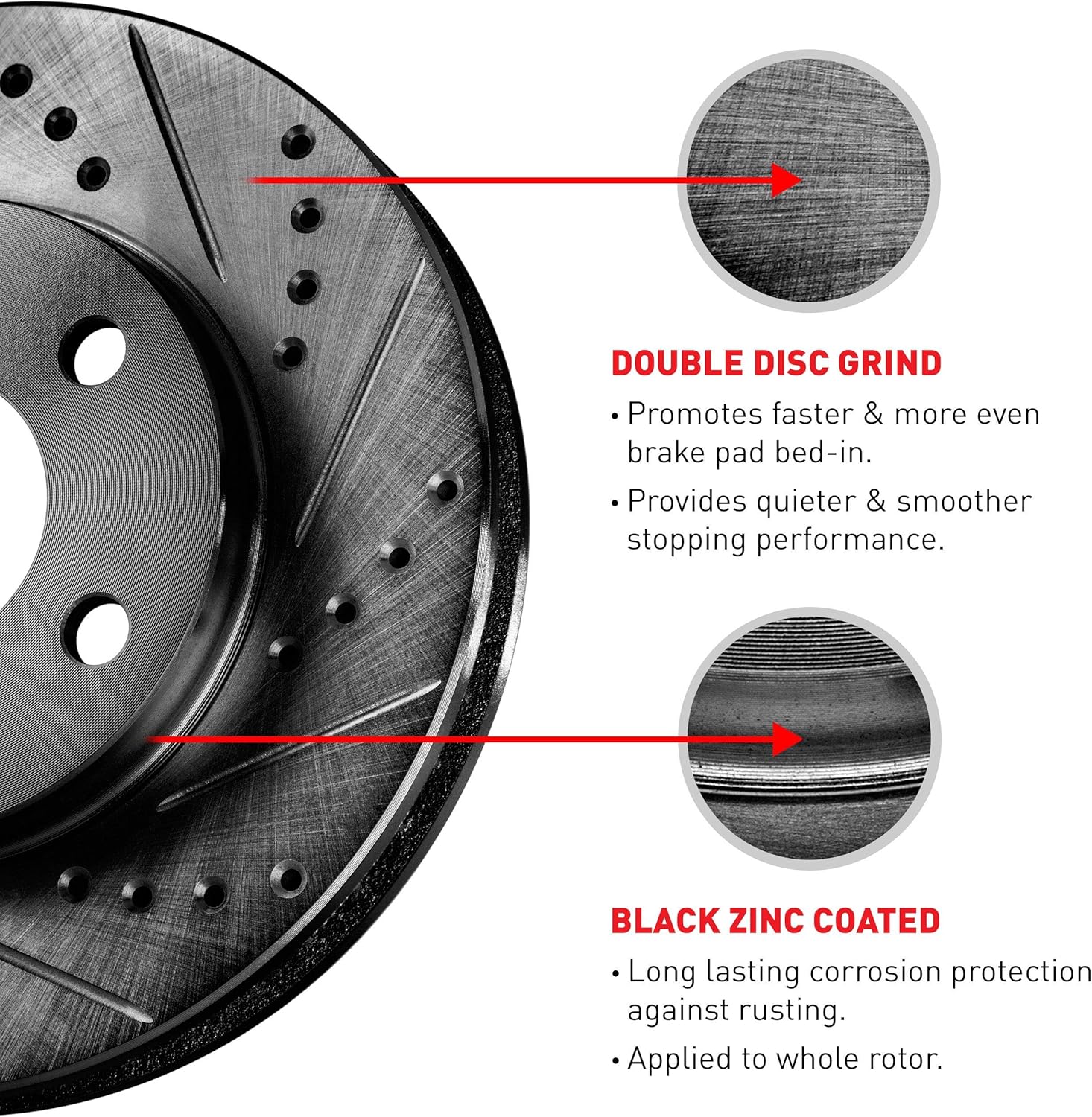 Black Drilled and Slotted Brake Rotors with Semi-Metallic Brake Pads Q317