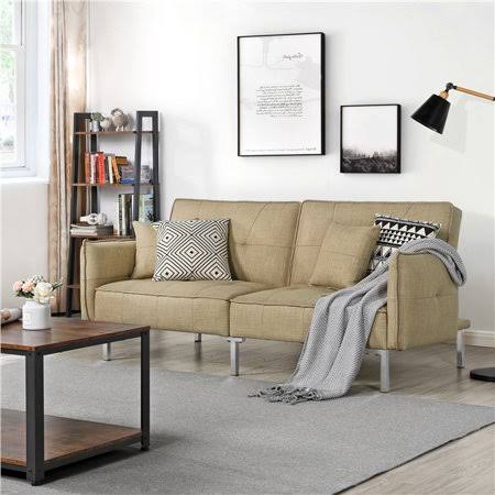 Khaki Fabric Futon Sofa Bed with Adjustable Backrest S34533