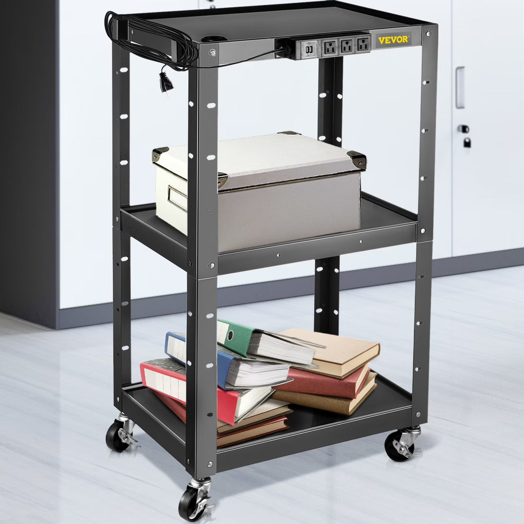 3-Shelf Steel AV Cart with Electric Power Cord U106