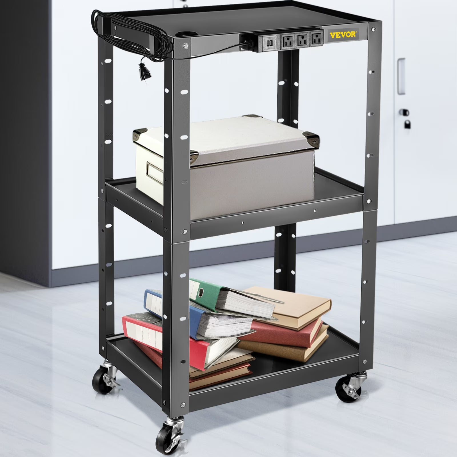 3-Shelf Steel AV Cart with Electric Power Cord U106