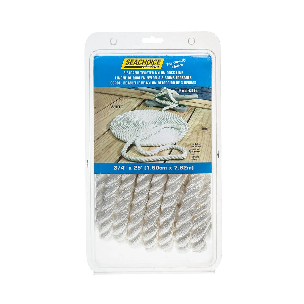 3-Strand Twisted Nylon Dock Rope, ¾-Inch x 25 Feet, White Q712