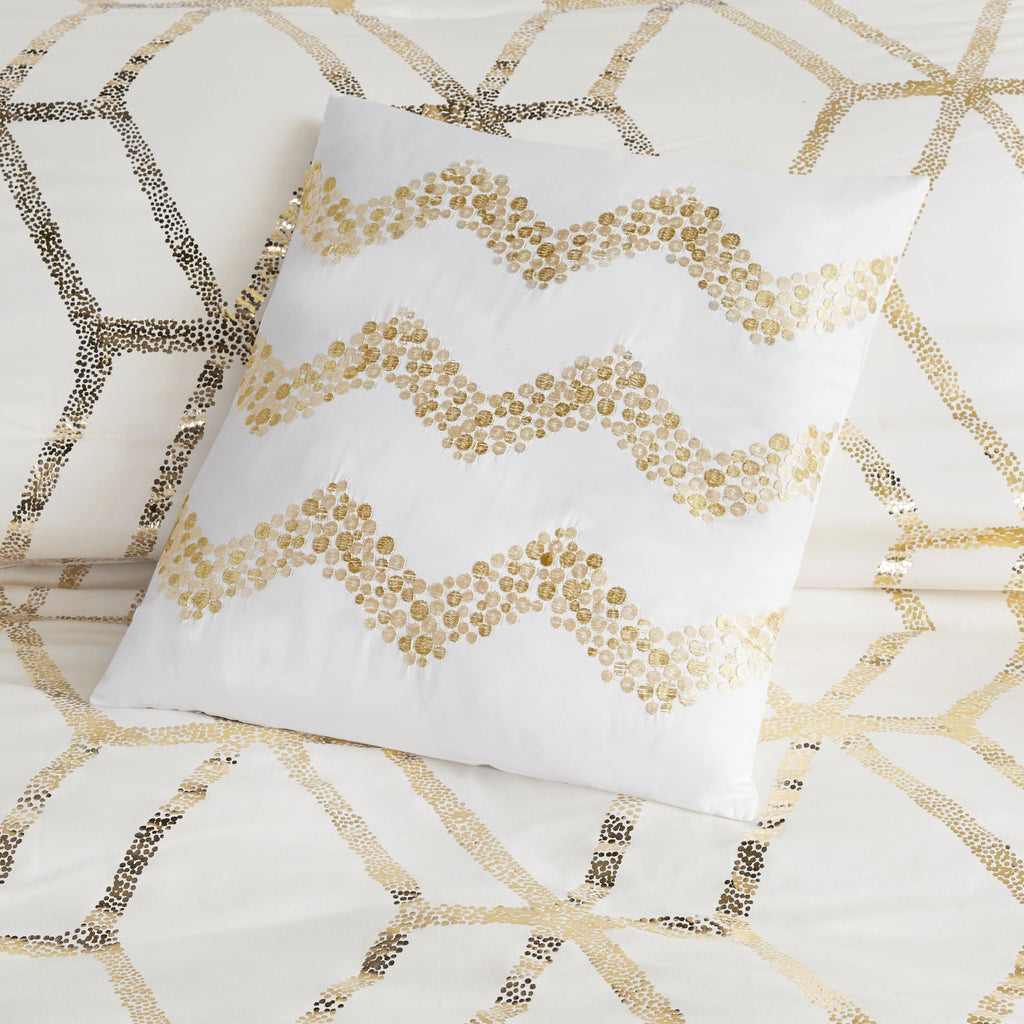 4-Piece Geometric Metallic Print Comforter Set Ivory/Gold Full/Queen D610578