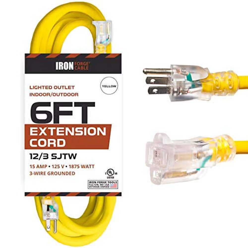 6 Foot Lighted Outdoor Extension Cord, 12/3 SJTW Heavy Duty Yellow Extension Cable with 3 Prong Grounded Plug K87393