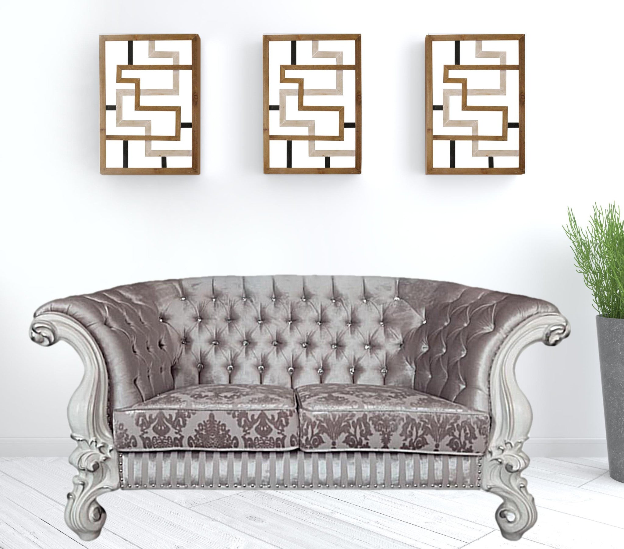Ivory & Off White Velvet Love Seat Sofa with Toss Pillows V85681