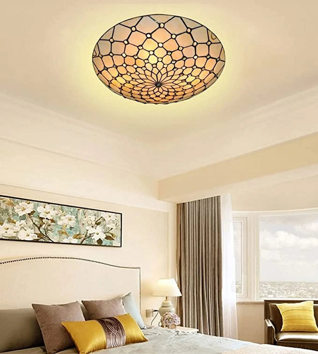 Vintage Tiffany Ceiling Light Fixture, 20” Baroque Flush Mount Ceiling Lamp, Amber Pearl Bead Shade, 4-Light P9941