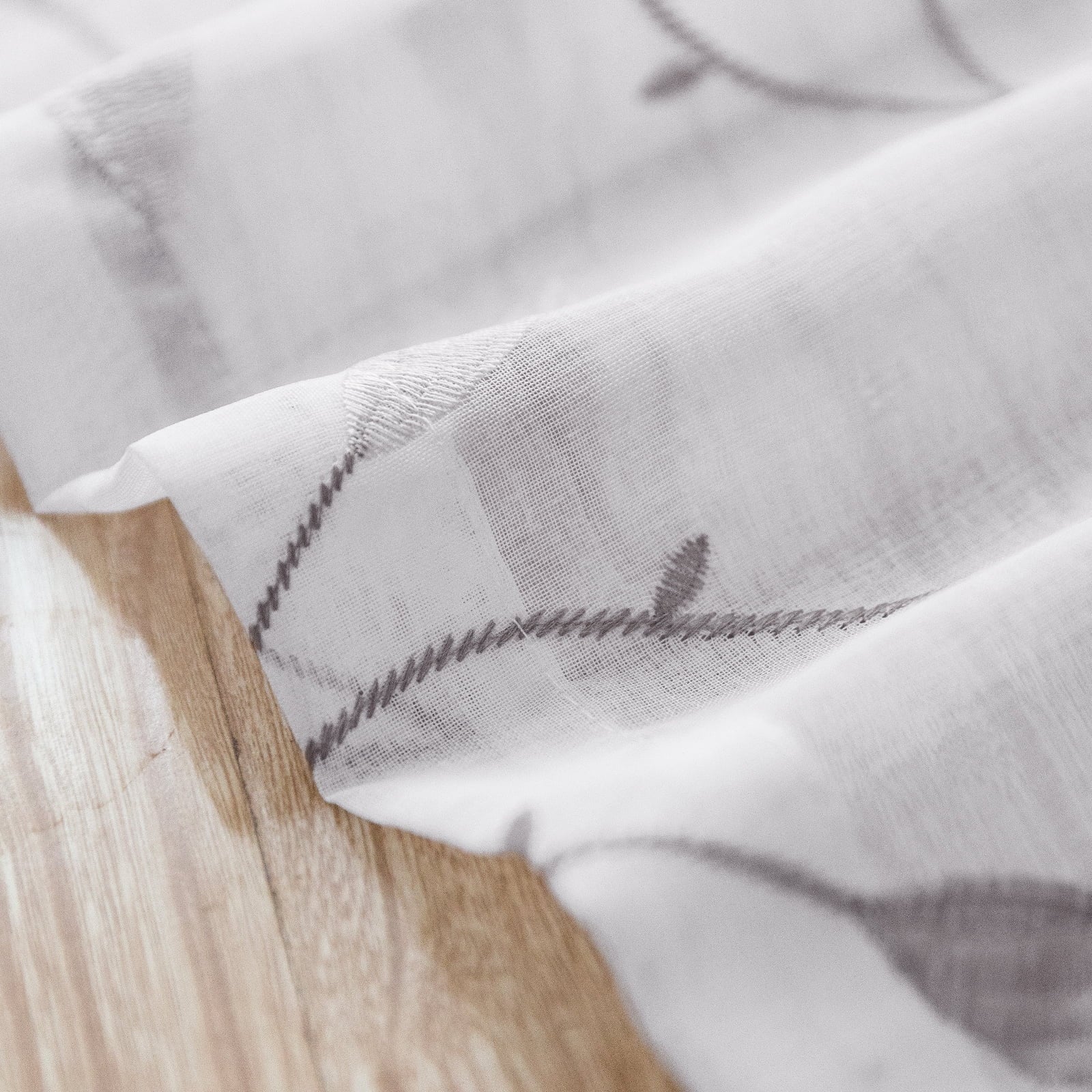 Grey Sheer Embroidered Leaf Curtains 63 inches Grommet Top 2 Panels D7425