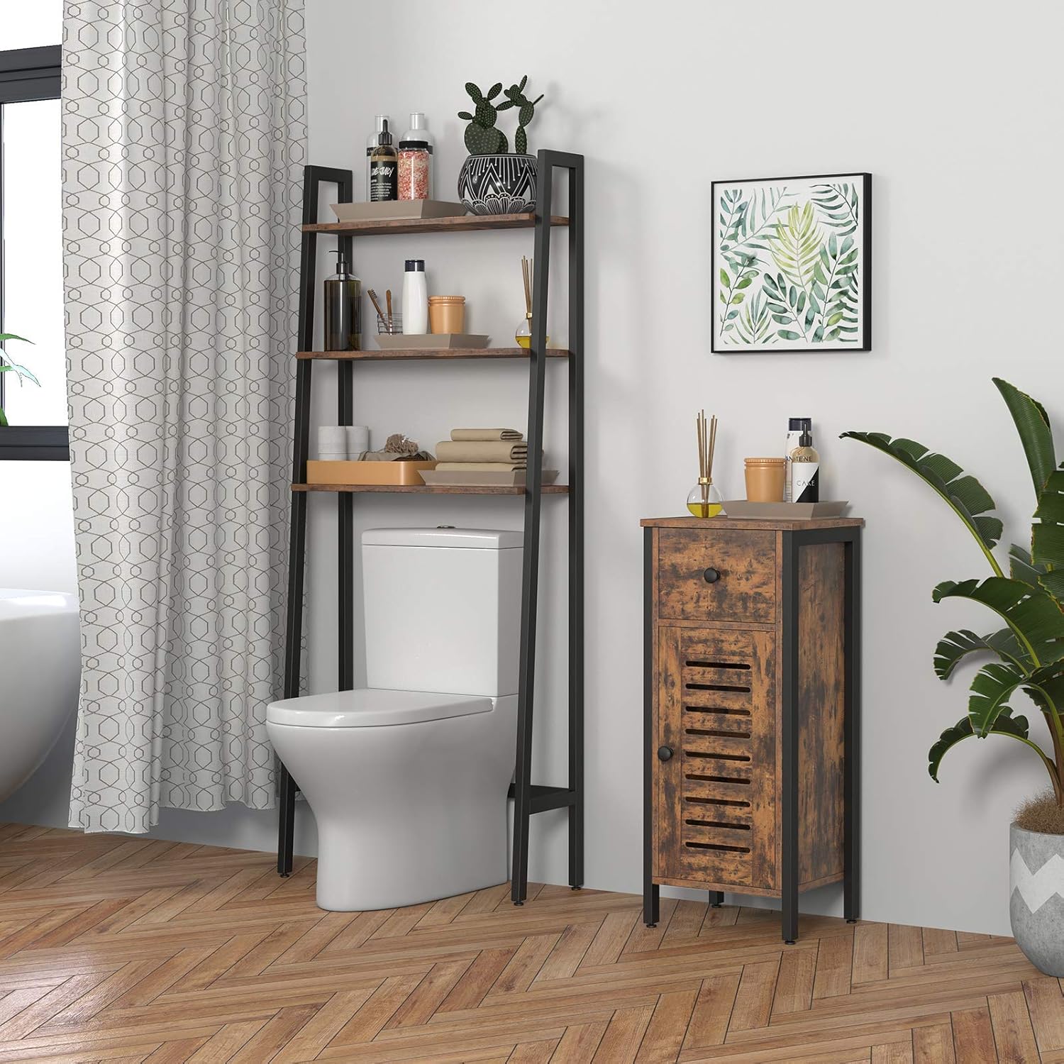 Rustic Brown Storage Cabinet with Drawer and Height-Adjustable Shelves O6266