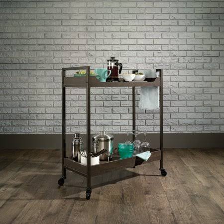 Smoked Oak Finish Rolling 2-Shelf Bar Cart D2432