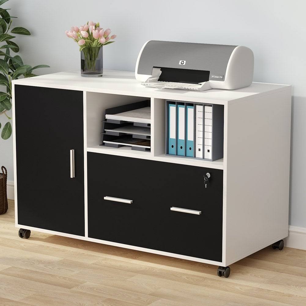 White/Black Mobile Lateral File Cabinet with Lock and Wheels P6681