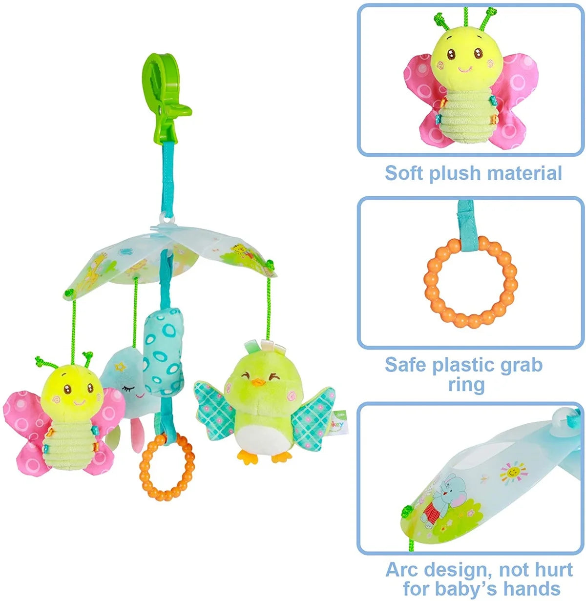 Baby Car Seat Toys Clip On Stroller Toy with Birds and Bees Hanging Rattle, Sensory Activity Toy, Two Wrist Rattles B6376
