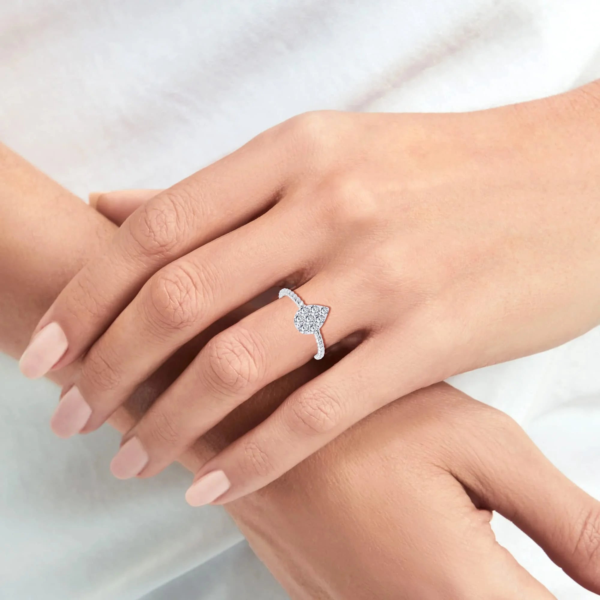 14K White Gold 0.55 Carat Round White Diamond Teardrop Twisted Shank Engagement Ring Z922