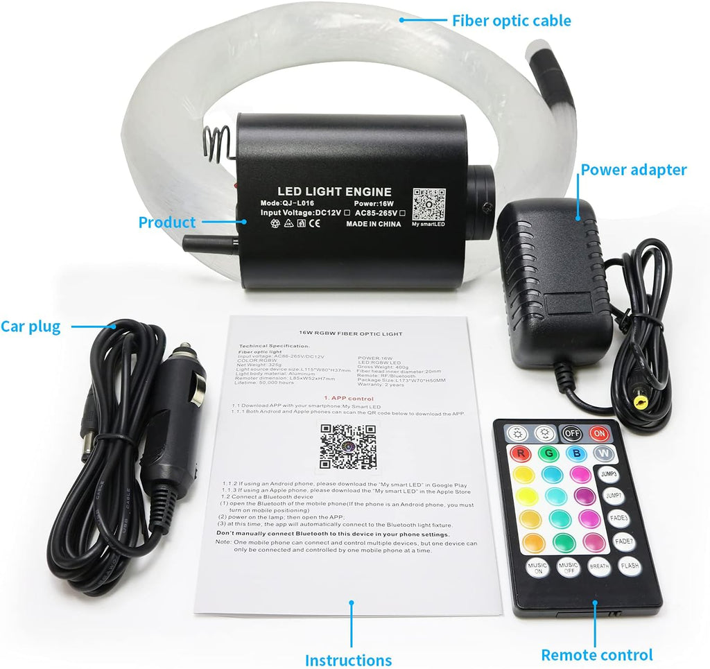 16W Fiber Optic Lights Starlight Headliner Light Kit with Remote Control, 150pcs 6.5ft Optical Fiber Cable Strands A677