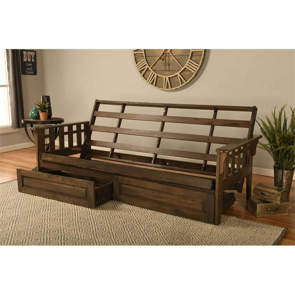 Rustic Walnut Brown Queen Wood Futon Frame with Storage Drawers O676982