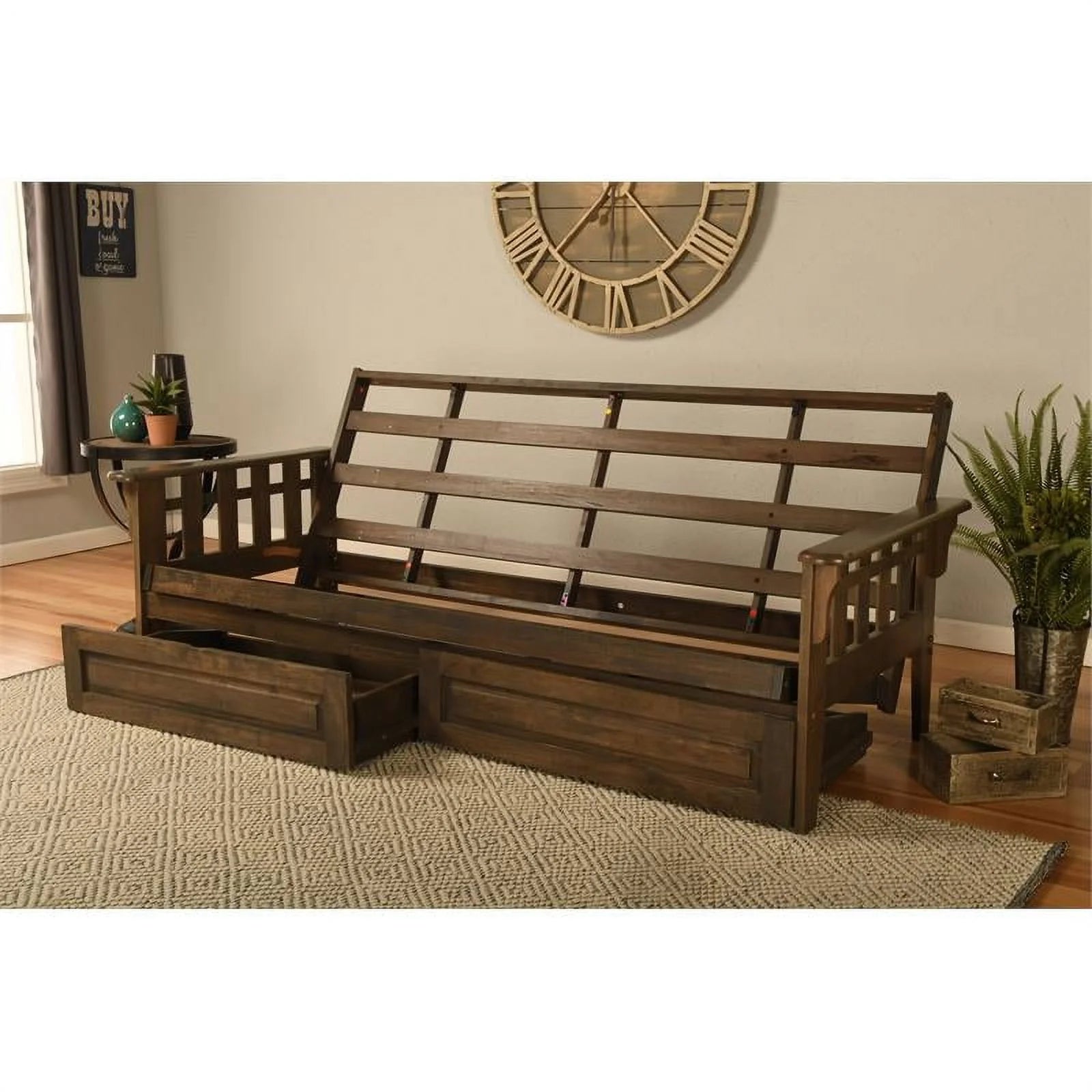 Rustic Walnut Brown Queen Wood Futon Frame with Storage Drawers O676982
